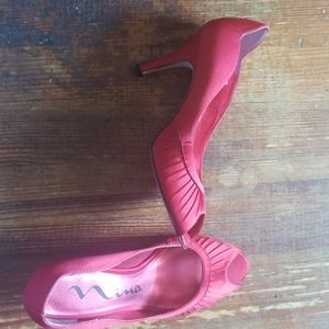 Red satin peep toe heels